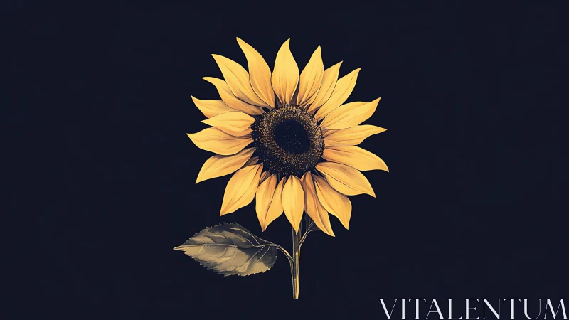 Golden sunflower with dark center on navy blue background