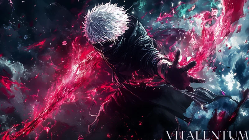 White-haired warrior unleashes crimson energy vortex burst.