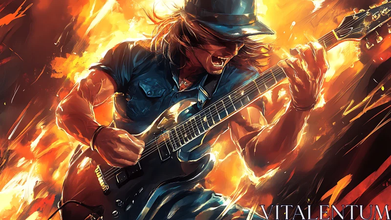 Electric guitarist shredding amid blazing abstract flames.