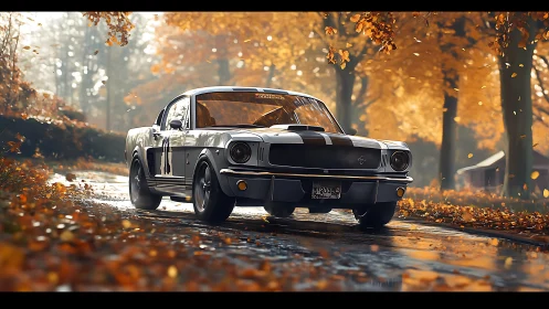 Classic muscle car cruising through golden autumn roads.