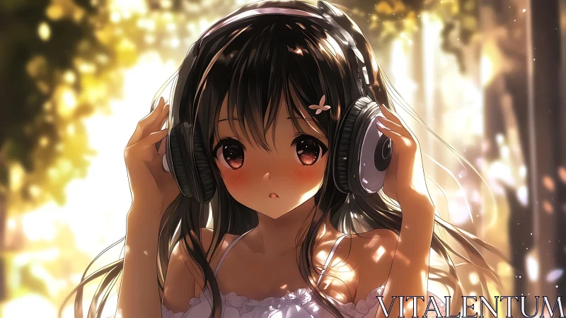 Soft-lit anime girl listening to music in golden bokeh glow.