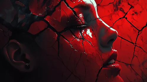 Fractured crimson visage with tectonic stress fissures rendered.