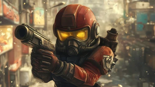 Armored space soldier aims pistol in ruined city street.