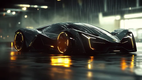 Futuristic black sports car is rendered in wet night scene