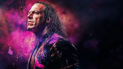 Brooding warrior stands in neon haze of pink and violet light