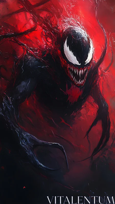 Monstrous symbiote emerges through violent crimson vortex.