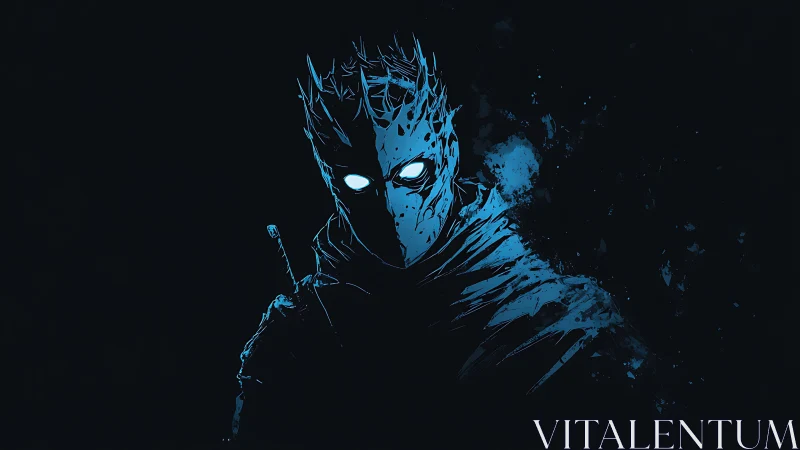 Nocturnal spectral swordsman in fragmented cyan silhouette.