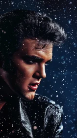 Moody male portrait in snowfall with cinematic dramatic lighting