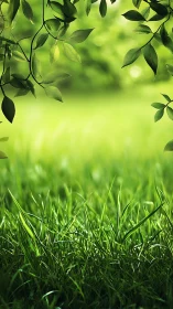 Whispering meadow floor beneath dew-lit hanging leaves.