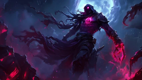 Mystic shadow mage rising under a glowing violet moon.