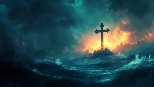 Burning cross emerges over storm-tossed ocean in cinematic chiaroscuro