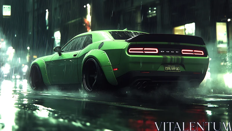 Neon green muscle car powers through wet night streets.