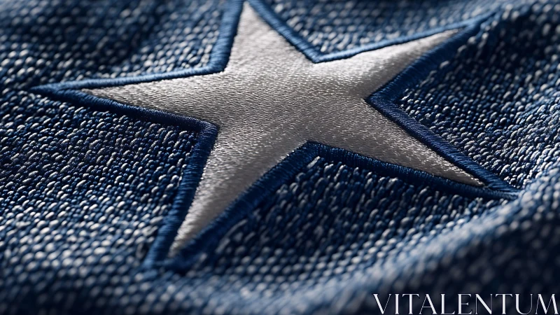 Macro analysis of embroidered silver star on blue textile field.