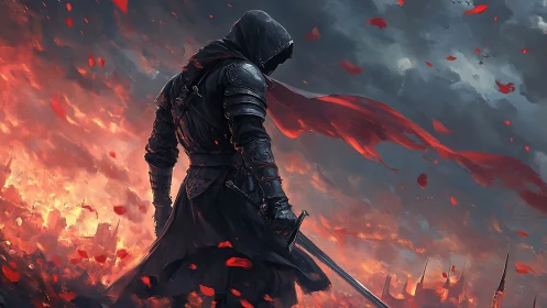 Hooded warrior over burning battlefield with red cloak.