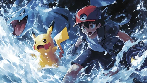 Anime trainer and electric creature in raging ocean battle.