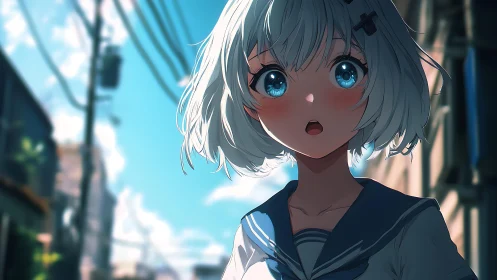 Blue-eyed summer surprise under electric city sky.