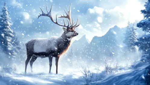 Stag with complex antler structure in high-contrast snowy backlight