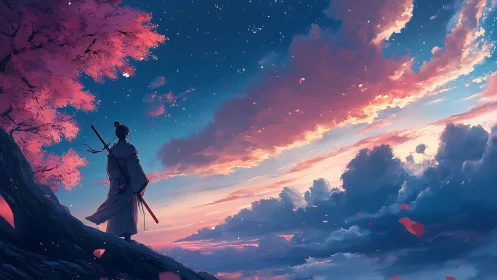 Samurai beneath cherry blossoms at a dreamlike sunset sky.