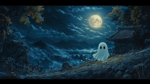 Cute ghost drifts along moonlit mountain temple path.