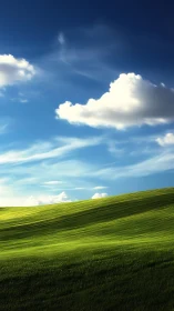 Green hillside under deep blue sky with bright clouds.