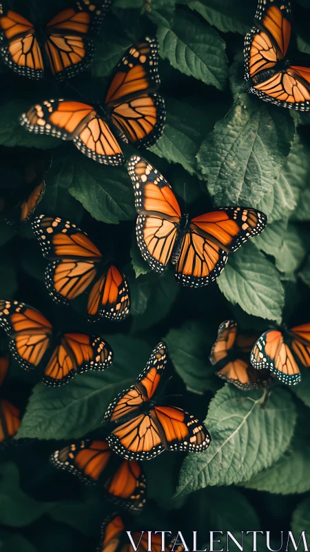 Cluster of monarch butterflies resting on dense green foliage.