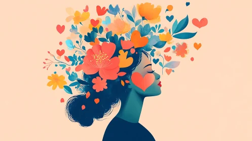 Woman’s Silhouette with Blooming Flowers and Hearts, Digital Art.