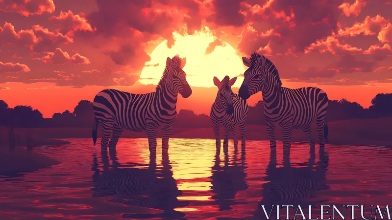 Zebras stand in flaming sunset water, bold silhouettes glow.