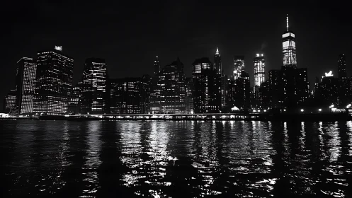Monochrome nighttime skyline with illuminated high-rise towers.
