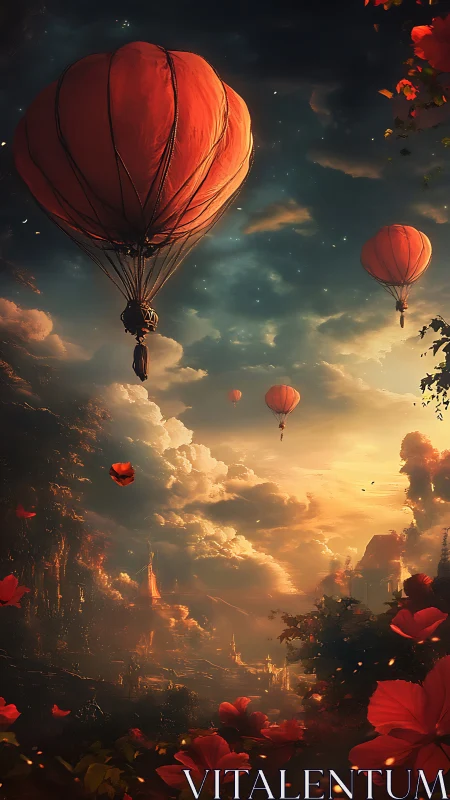 Red hot air balloons drift above glowing fantasy valley