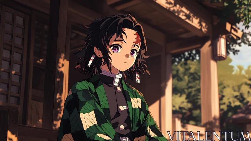Anime swordsman portrait in sunlit wooden shrine courtyard