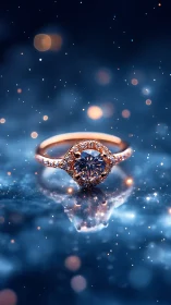 Ring rests on reflective blue surface under defocused lights.