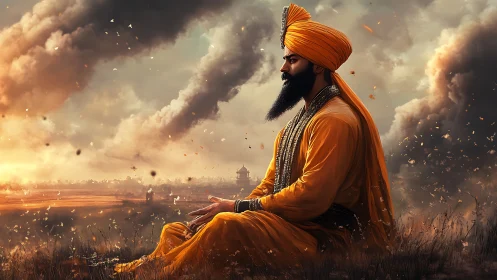 Sikh man in orange garments meditating in rural landscape.