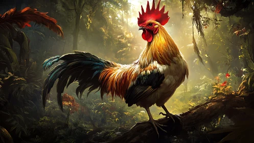 Rooster in Jungle Forest Setting