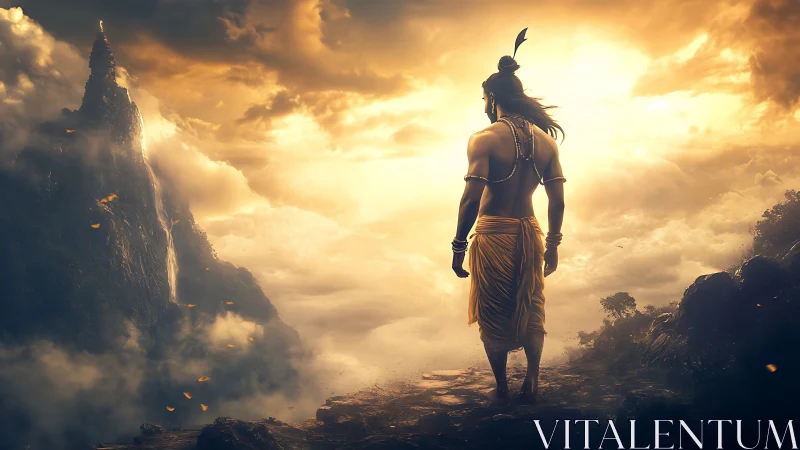 Solitary robed figure on cliff amid clouds and sunset sky.