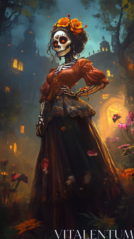 Elegant Day of the Dead lady glowing in a dusky garden.