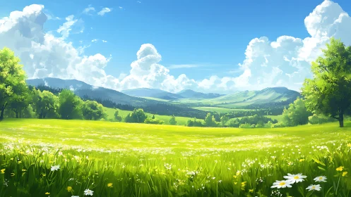 Digital landscape depicts meadow, trees and distant hills