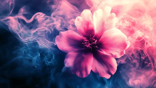 Neon pink flower glowing through swirling blue smoke.