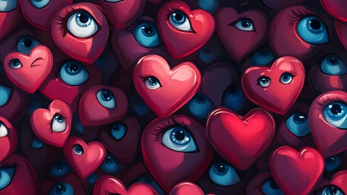 Anthropomorphic Hearts with Eyes: 3D Digital Composition.