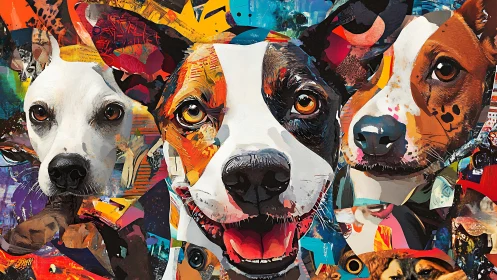 Trio of canine portraits in multicolored collage composition.