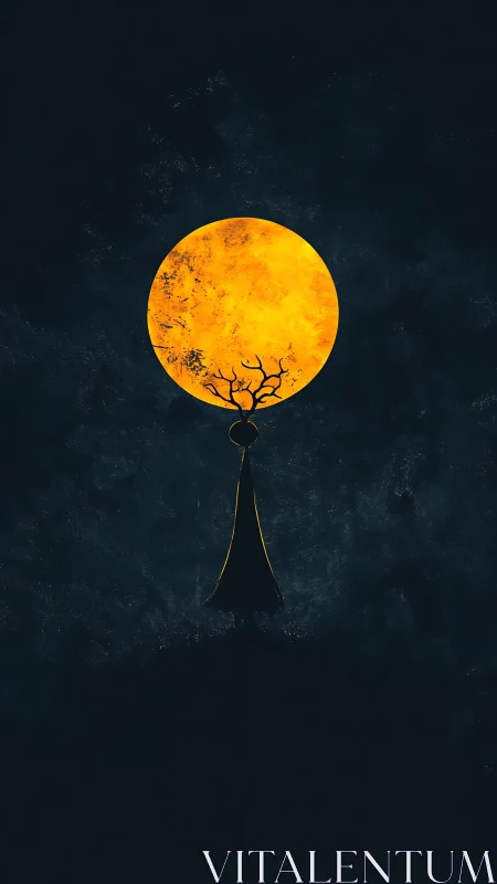 Silhouette figure under large textured golden moon.