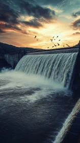 Sunlit hydropower dam with cascading spillway and birds at dusk.