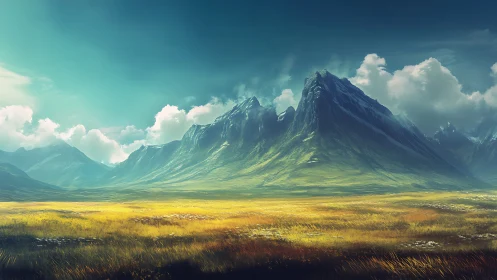 Sunlit alpine massif dominates expansive golden grassland