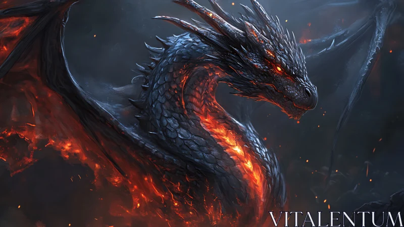 Molten-hearted dragon coiled in glowing volcanic night.