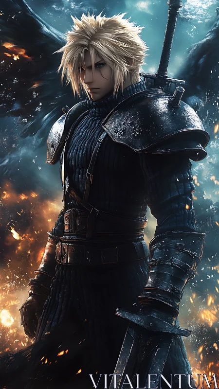 Brooding swordsman in scorched armor amid falling embers.
