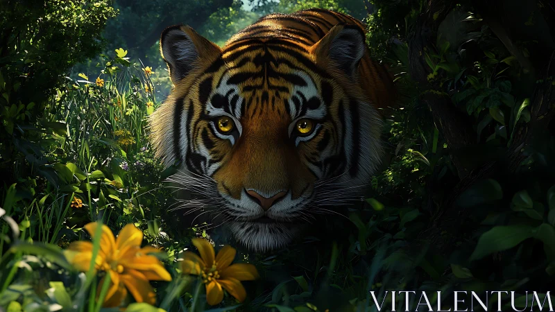 Stalking tiger with luminous eyes in sunlit jungle understory.