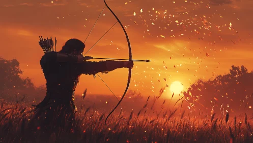 Sunset archer draws a steady bow amid glowing embers