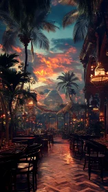Tropical courtyard restaurant interior at sunset light.