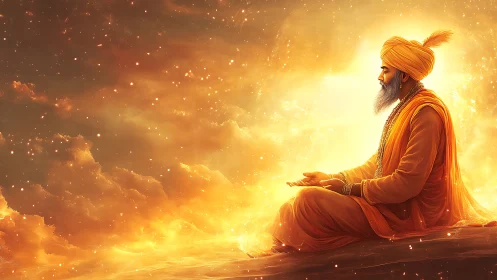 Luminescent sage in meditative equilibrium within solar nebula.