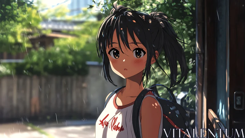 Teen girl pauses in soft summer rain outside wooden doorway