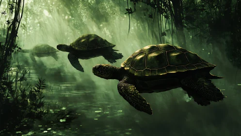Emerald river turtles glide through misted jungle light.